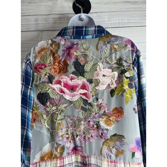 Soft Surroundings Medium Button Down Plaid & Embroidered Serena Boho Floral Top - Picture 6 of 15